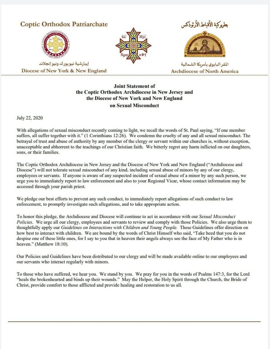 FrPishoy's tweet photo. Thank you Coptic Orthodox Archdiocese of North America and Diocese of NY &amp; NE for a bold statement condemning all forms of sexual misconduct. @AnbaDavid https://t.co/SF7iZ50myB