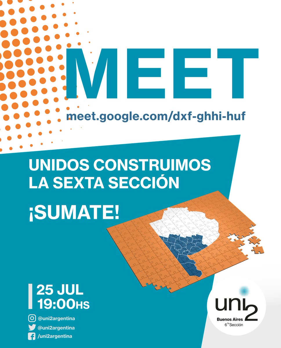 uni2cneldorrego's tweet image. Este sábado a las 19:00 Hs imperdible meet! Seguimos construyendo la 6ta sección en todos los municipios!

Brindaremos ayuda a todos aquellos que necesiten organizarse a poder armar el partido en su localidad.

No te lo pierdas! 🇦🇷🇦🇷 Uni2! 💪💪

meet.google.com/dxf-ghhi-huf