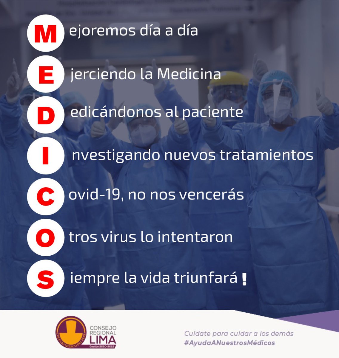 CMPLIMAIII's tweet photo. 👏👩‍⚕👨‍⚕Un mensaje de aliento para todos nuestros valientes médicos, con alta vocación de servicio, que luchan incansablemente contra el #COVID19.
No hay palabras para agradecer la inmensa labor que realizan.
¡No los dejaremos solos, colegas!
#JuntosContraElCOVID19 https://t.co/SqB8roQm7M