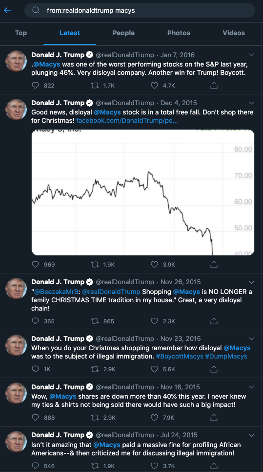 Is this "cancel culture?" (Yes, all of these tweets were sent after he started running for president... I know...)  https://twitter.com/search?q=from%3Arealdonaldtrump%20macys&src=typed_query&f=live