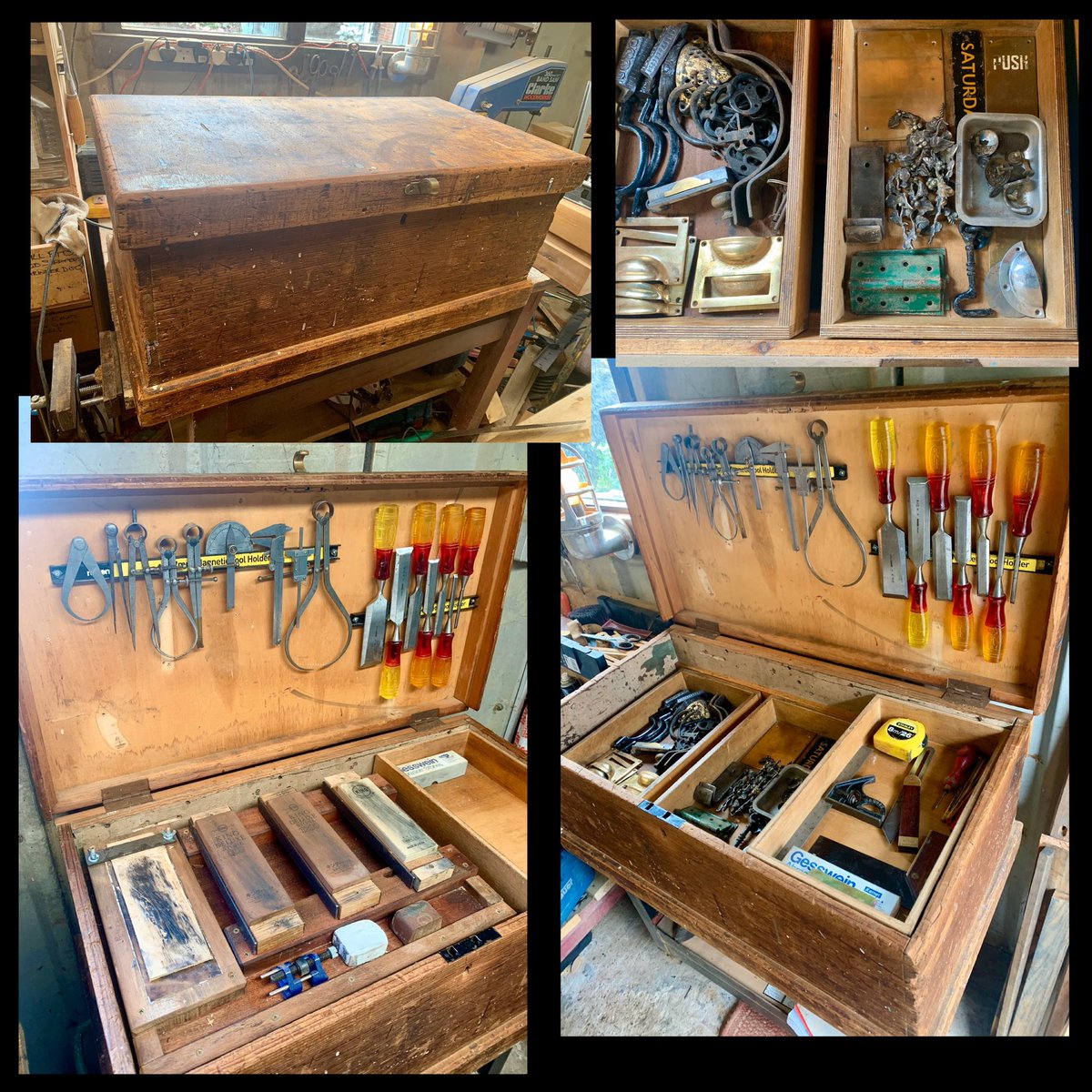 2016industrial's tweet photo. The carpenters chest is a beauty & going to be so useful. The sharpening station will be kept dust free. Chisels safely stored & the list goes on & on. The Tool restoration Geek is strong today. #workshop #woodworking #carpenterschest #workshopstorage #antiquetools #vintagetools https://t.co/kMBMAHn71N