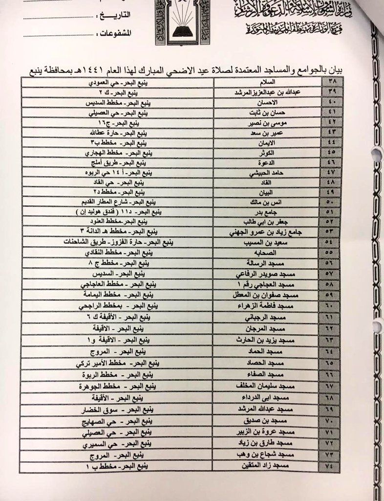 Yanbualhadath's tweet photo. بيان بالجوامع والمساجد المعتمدة لصلاة #عيد_الاضحى_المبارك لهذا العام 1441ھ بمحافظة #ينبع https://t.co/nQNamfwRlb