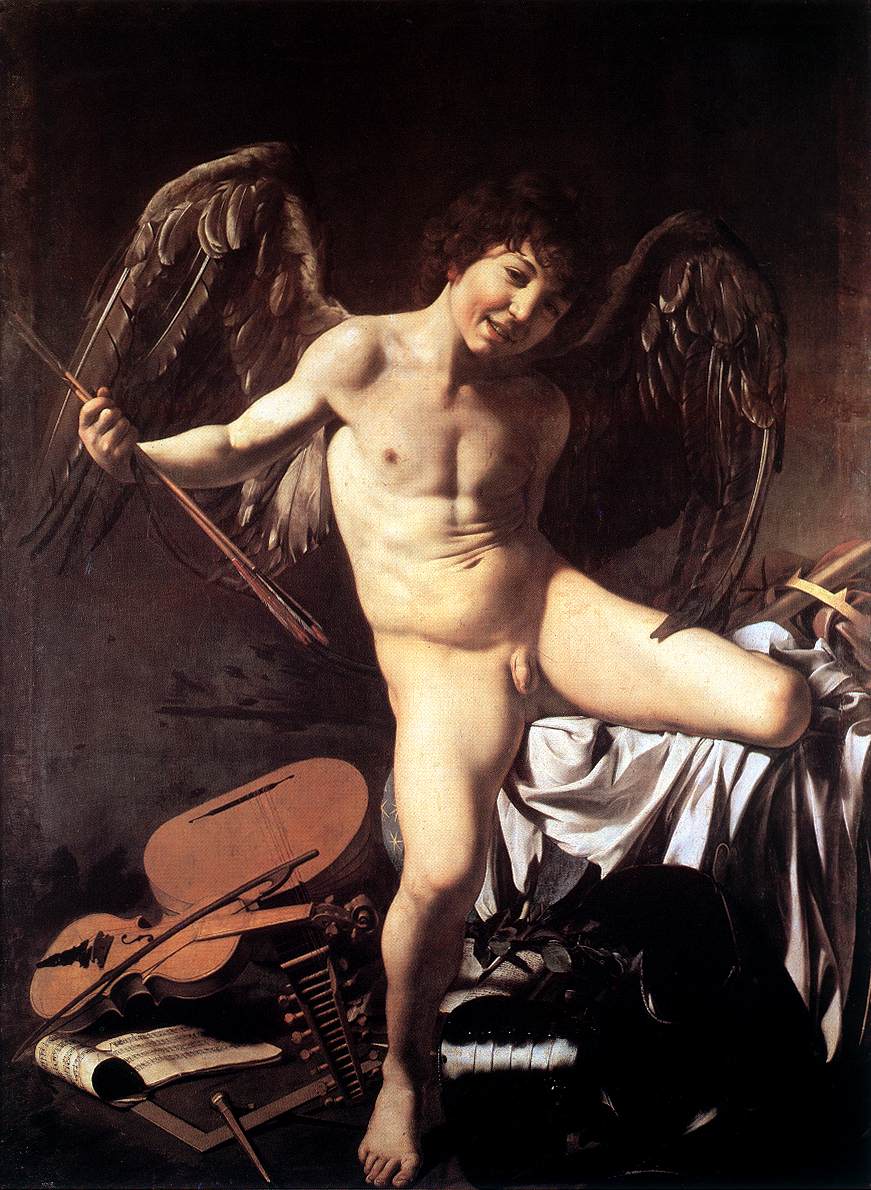 Estos artistas estaban claramente influenciados por Caravaggio: en esta alegoría del amor y de la belleza adolescente encontramos instrumentos musicales tirados por el piso, junto a Eros desnudo, con flechas en sus manos y mirando escabrosamente al espectador.