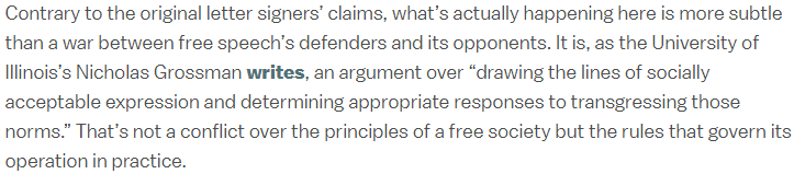 Here is the most challenging pro-cancel culture argument out there (I'll tag in a later tweet). It's missing two things. In many cases, we would say that successful attempts to call certain speech - communist, atheist, etc. - harmful, and sanction speakers for it, are illiberal.