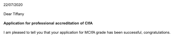 tiffaliffers's tweet photo. So this happened today! Hooray for upgraded post nominals! #heritage #heritageconsultant #archaeology #MCIfA #cifa https://t.co/C5V2DzAnkx