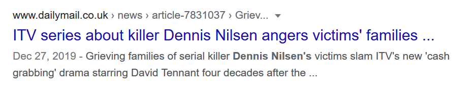 Why can't we just stick to documentaries? Why can't we have nice things? Why must we dramatize real life events that happened not too long ago, causing the families of the victims great suffering?Dennis Nilsen died in 2018. His victims families are still very much hurting.