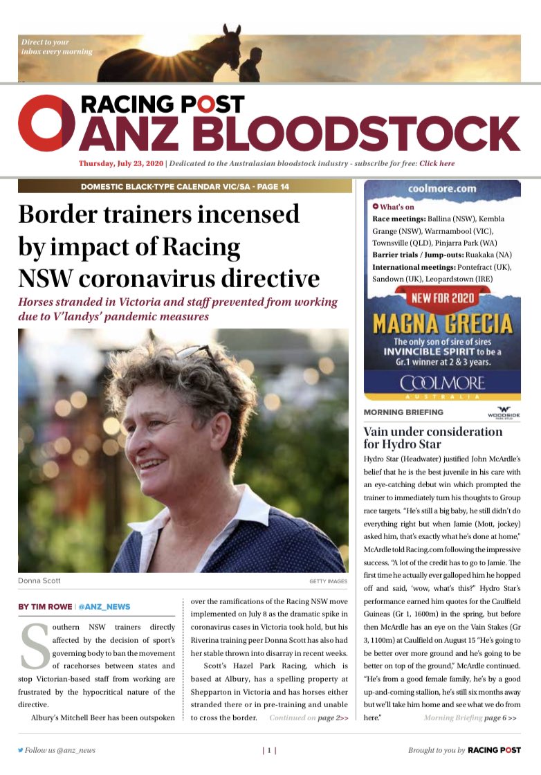 anz_news's tweet photo. In today’s news
🦠 Racing NSW Covid restrictions impacting border trainers
🐎@VineryStud #Headwater marks 12 winners with #HydroStar
2️⃣ for #Criterion & #PanzerDivision and more 🔽
https://t.co/GARz2nr9dx https://t.co/UPYIK27oGz