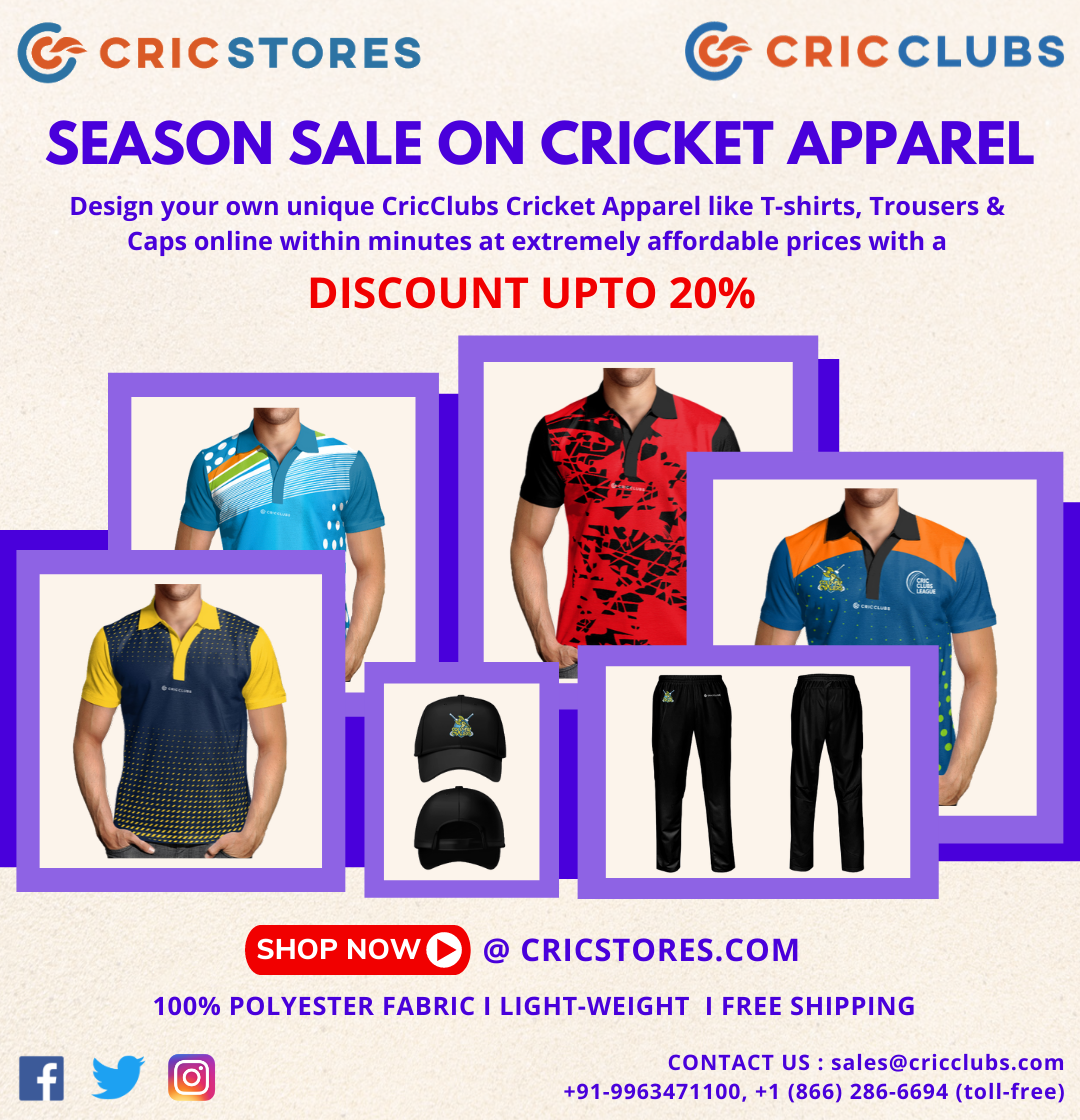 With a numerous collection of Cricket Uniforms, Trousers & Caps,  CricStores allows you to customize & shop your own custom cricketing gear online at a discount up to 20%.

Shop now at cricstores.com

#Cricket #cricketer #onlinecricketstore #OnlineShopping @cricclubs