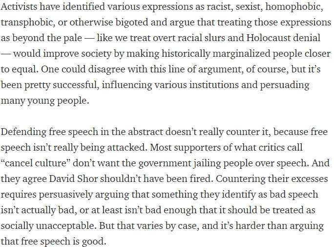 Here is the most challenging pro-cancel culture argument out there (I'll tag in a later tweet). It's missing two things. In many cases, we would say that successful attempts to call certain speech - communist, atheist, etc. - harmful, and sanction speakers for it, are illiberal.