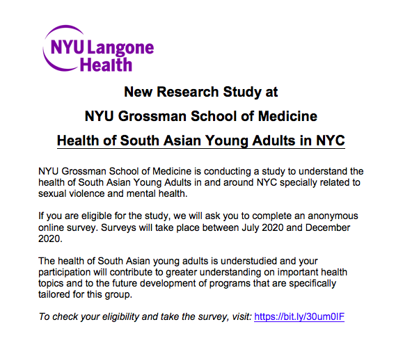 sadia_mohaimin's tweet photo. NYC/tri-state area friends-please share widely! 

Dr. @SahnahLim &amp; team developed an anonymous survey to understand the health of South Asian Young Adults in and around NYC - specially related to sexual violence and mental health. 

More info below! Link : https://t.co/6yZVVPZ0sa https://t.co/aXohl8HtTm
