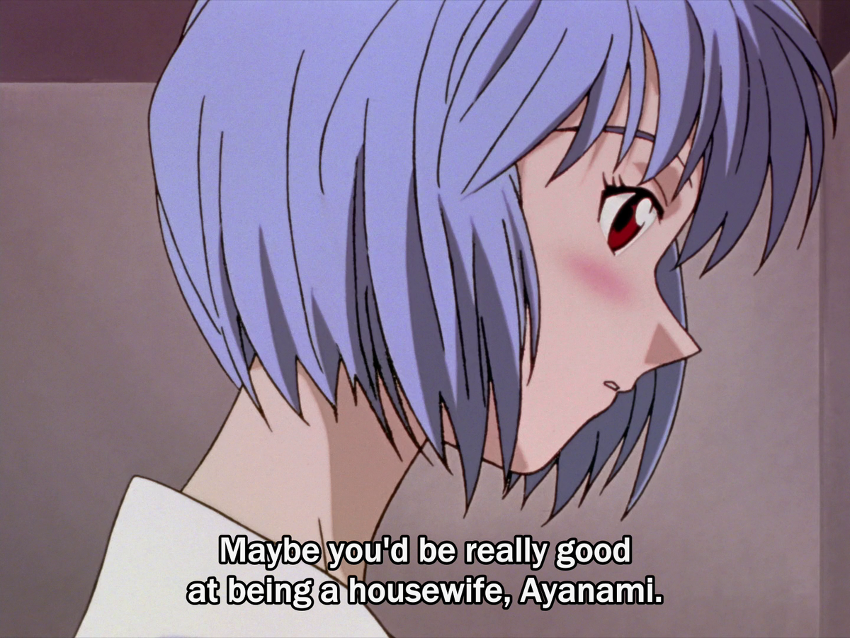 gendo is like The Patriarchal Force in this show. shinji 'tries on' being a man thru his father's glasses (to see rei, naked, no less!), & then shinji, during instrumentality, conceives it w rei's body. similarly, he projects Gender onto rei, too? Idk i just remembered this scene