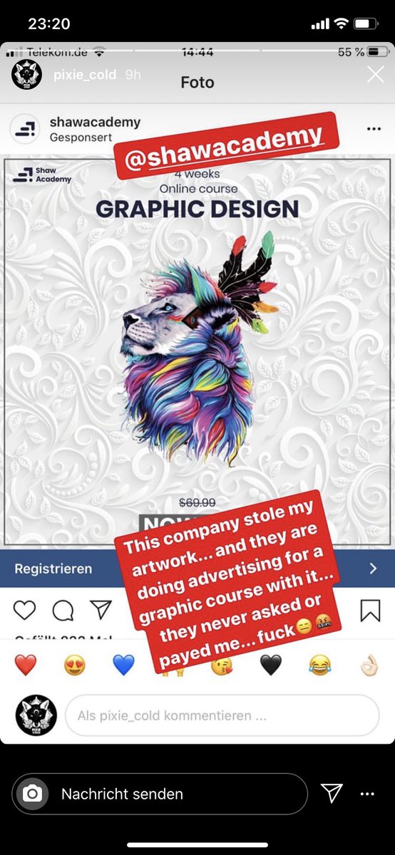 JoJoesArt's tweet photo. Hey Shaw Academy,

how about asking my sister Pixie Cold for permission and paying her for using her artwork in your advertising? 

If you want to help people further their graphic design career, maybe start with teaching them about intellectual property rights? https://t.co/6YSrmj9ImQ