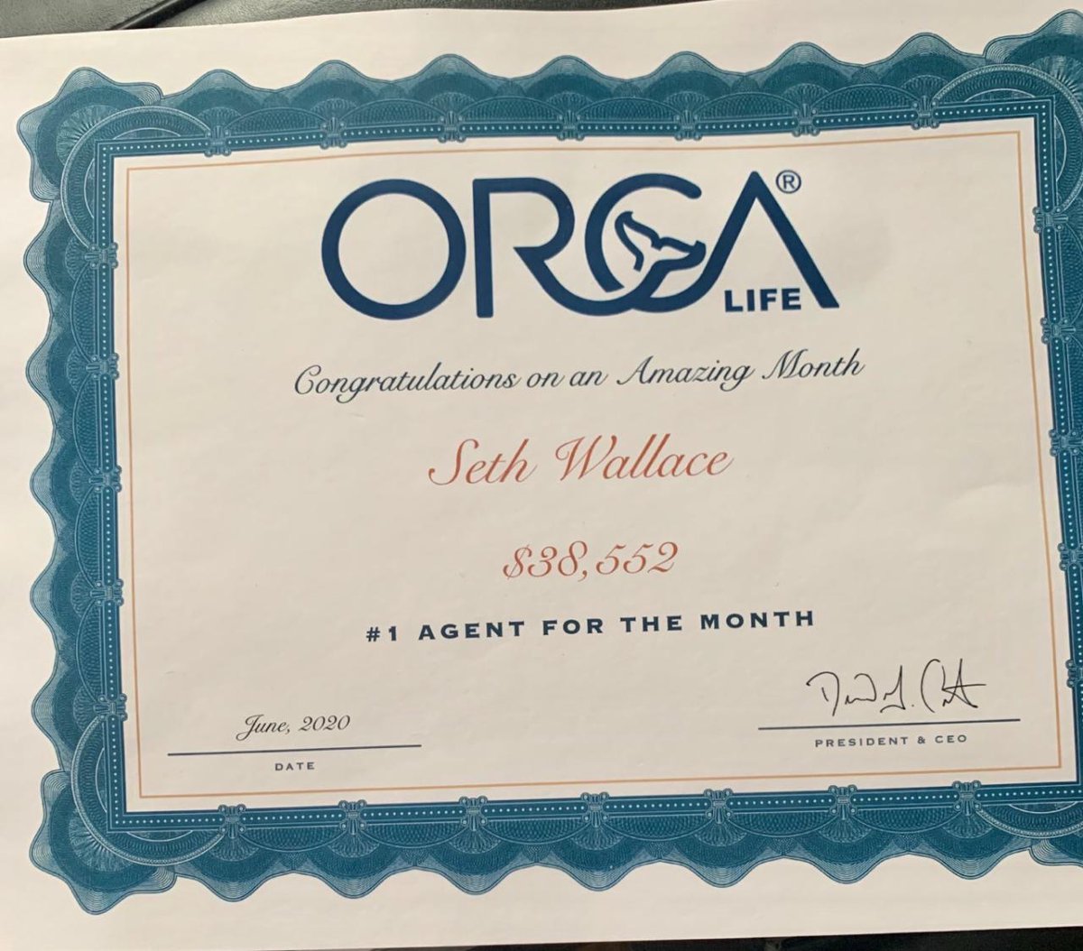 ORCA__Life's tweet photo. Seth Wallace determination and productive capacity is remarkable! Seth broke Orca Life's record, hitting $38,552 for the month of June!! Can you picture yourself helping this many families in one month? Tell us below! 👇🏼👇🏼#lifeinsurance #investing https://t.co/jvVya1VCXK