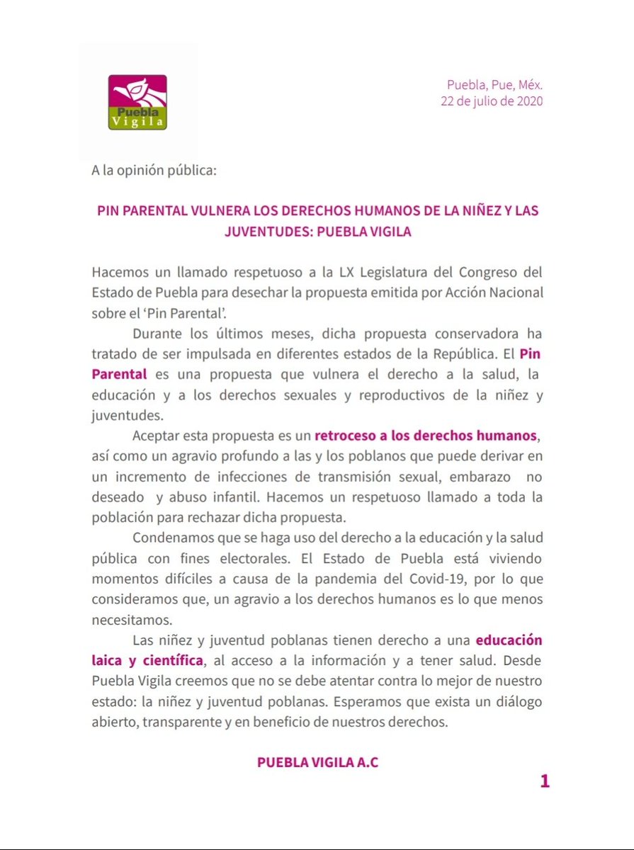 pueblavigila's tweet image. 📃 #PueblaVigila se posiciona ante la propuesta emitida por @PANPUEBLA, que pretende coartar los derechos humanos de  🧒🏽👦🏽 la niñez y juventud poblana.
#NoAlPinParentalPuebla 🚫