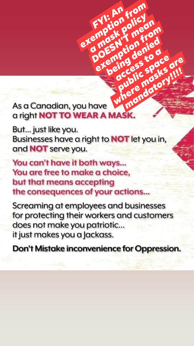 melishee's tweet photo. Just an FYI for y'all! Since some seem confused by the exemption clause in the mask mandates/policies! #ldnont #COVID19
#MaskUpLdnOnt #MaskUpCanada #WearAMaskSaveALife #WearADamnMask #IfYouCantWearAMaskStayHomeForYourOwnSake #AdultingSucksSometimes #AllChoicesHaveConsequences https://t.co/uhyRB3KcxR