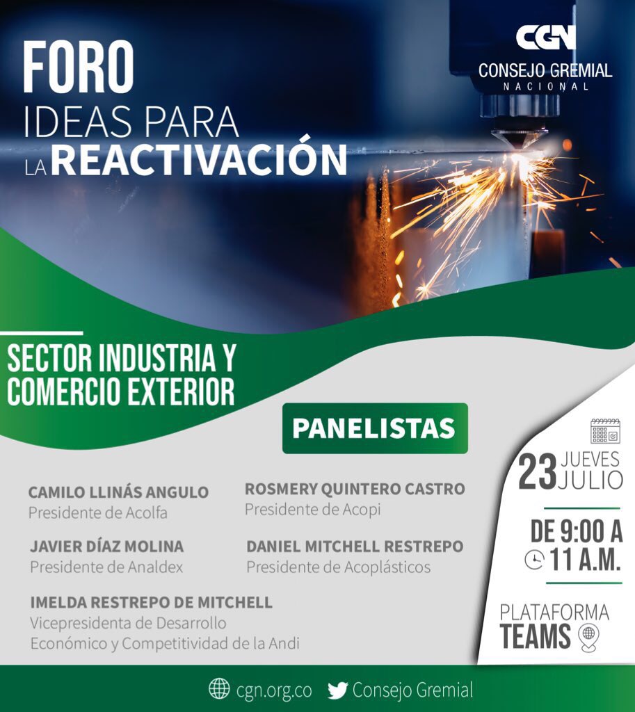 FasecoldaOficia's tweet photo. El @ConsejoGremial presenta hoy la primera sesión del Foro #IdeasParaLaReactivación, con los presidentes de #Acolfa, @Acopi_Nacional, @Acoplasticos y Analdex, quienes discutirán sus ideas para reactivar los sectores de industria y comercio exterior. https://t.co/lgtKMuPZeK