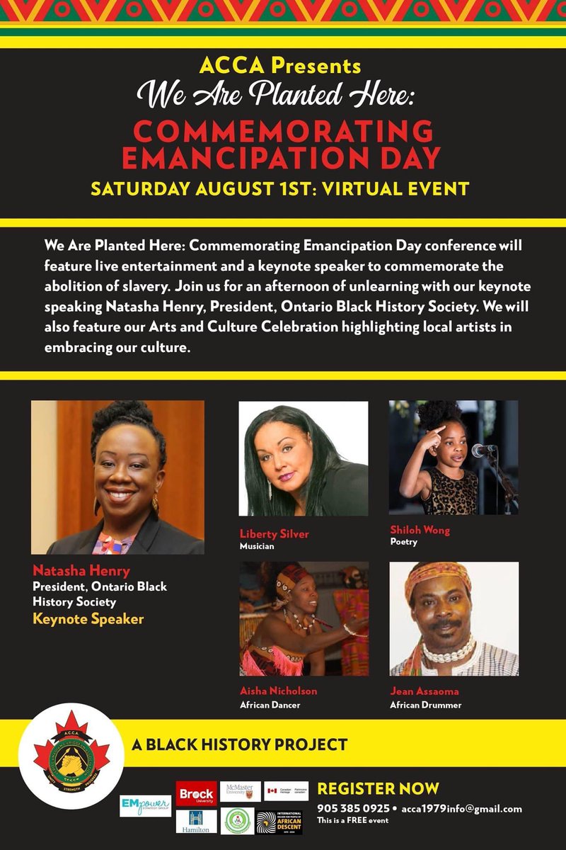 ACCAHam's tweet photo. “...Oh the wicked carried us away in captivity...required from us a song...” Join us as we commemorate the emancipation day of in the British colonies.  @nannymaroon @BLM_TO @SarahJama_ @EasyThePianoMan @mskikeojo @VACAORG @TrusteeMcDonald @CBCHamilton @TheSpec @maccamarkham https://t.co/1YWK7wq4xK
