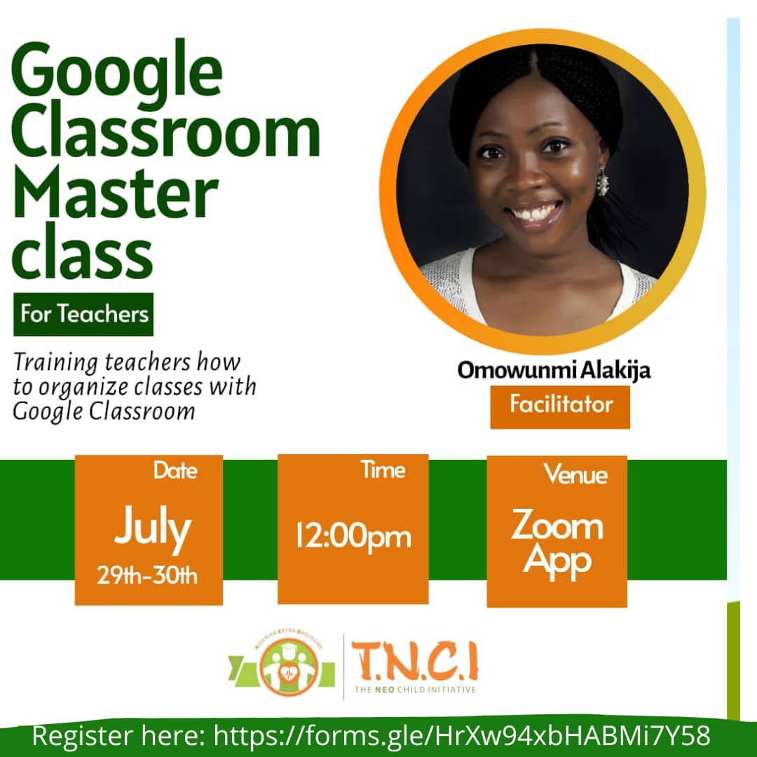 IamPeterOsikoya's tweet image. Its heartbreaking that a large percentage of students have to be out of school for this long.
This is why we at TNCI have decided to fo something about it. 
We are hosting a masterclass on google classroom,  a platform that is highly effective for virtual learning. 

#GoogleClass