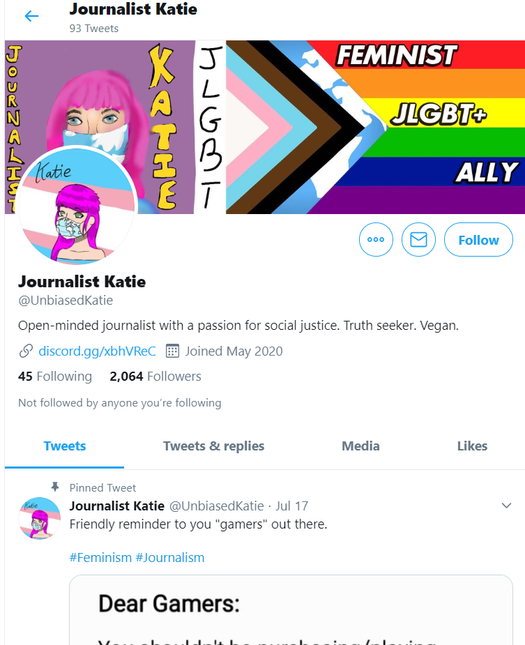 A quick look at this profile says, yeah, okay, obvious troll posing as a trans SJW Games journalist whatever, a joke straight out of 2015. But what's that banner? JLGBT+?