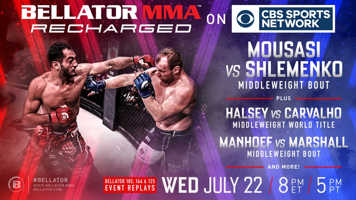 BellatorMMA's tweet photo. An all-new 🔌 #BellatorRecharged ⚡️ premieres on @CBSSportsNet at 8/7c.

We're bringing you three stacked cards in full tonight! https://t.co/iKvlYMYqoM