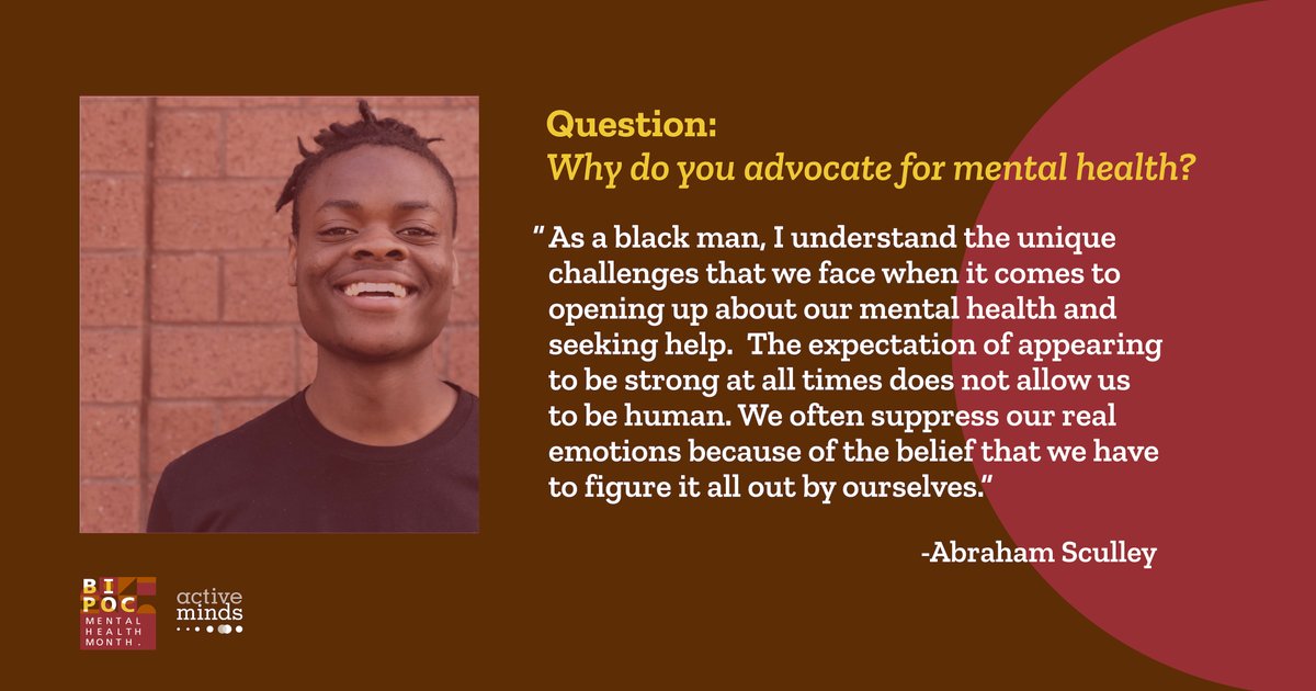 Active_Minds's tweet photo. Meet Abraham Sculley, an Active Minds Speaker, who uses his story to promote the importance of mental health &amp; assist others in reaching their highest potential.

Learn more about his lived experiences as a BIPOC individual ➡️ https://t.co/CVi4M6CFvN

#BIPOCMentalHealthMonth https://t.co/aiqCJCp1FM
