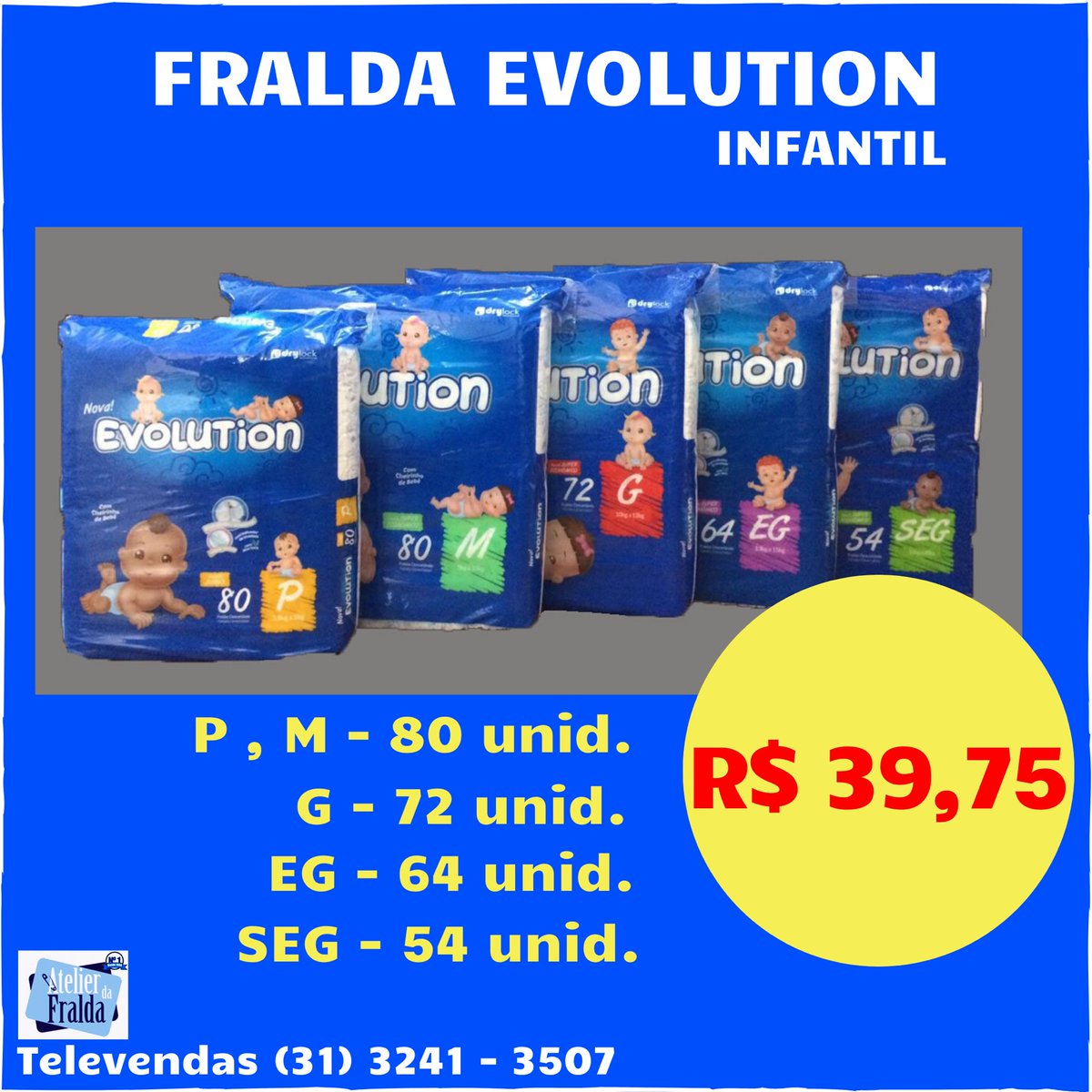 AtelierdaFralda's tweet photo. FRALDA EVOLUTION INFANTIL
🤑O melhor custo-benefício em todos
os TAMANHOS🤑!!
Tam. P, M , G , EG e SEG
P, M - 80 u. G - 72 u. EG - 64 u.
SEG - 54 unid.
R$ 39,75
#fraldainfantil #gelabsorventes #fraldadescartável #superabsorventes #retençãodeumidade https://t.co/eqo7cAz0EW