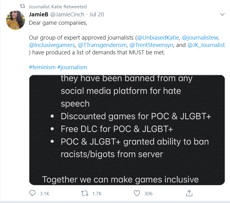 A quick scroll through their recent feed shows they've retweeted some other accounts that seem to be related to them somehow, first this JamieB(JamieCinch), with a "viral" petition to give free games to LGBT and POCs (we'll come back to the 2nd one later)