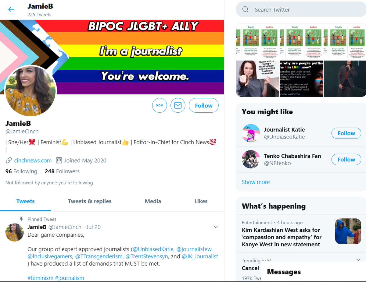 Looking at her profile, we see that same "JLGBT+" banner again, and a link to the website she is "editor in chief" of,  http://cinchnews.com  (also notice who's in the suggested bar on the side)