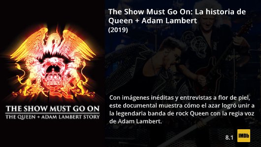 NuevoEnNetflix's tweet photo. The Show Must Go On: La historia de Queen + Adam Lambert
(2019)

Con imágenes inéditas y entrevistas a flor de piel, este #documental muestra cómo el azar logró unir a la legendaria banda de rock @QueenWillRock con la regia voz de Adam Lambert.

🎥 https://t.co/MVgaOKowZg https://t.co/vLu0NUPx9F