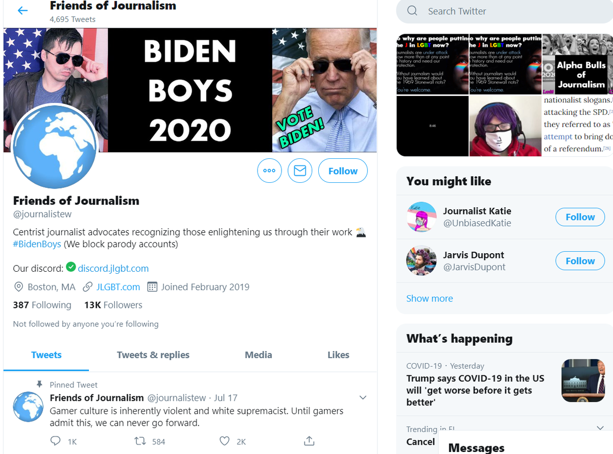 We come to our main hub, "Friends of Journalism", the twitter account for " http://JLGBT.com ". All of the mentioned accounts and ones to come link back here in some way. But what's up here? Another website?