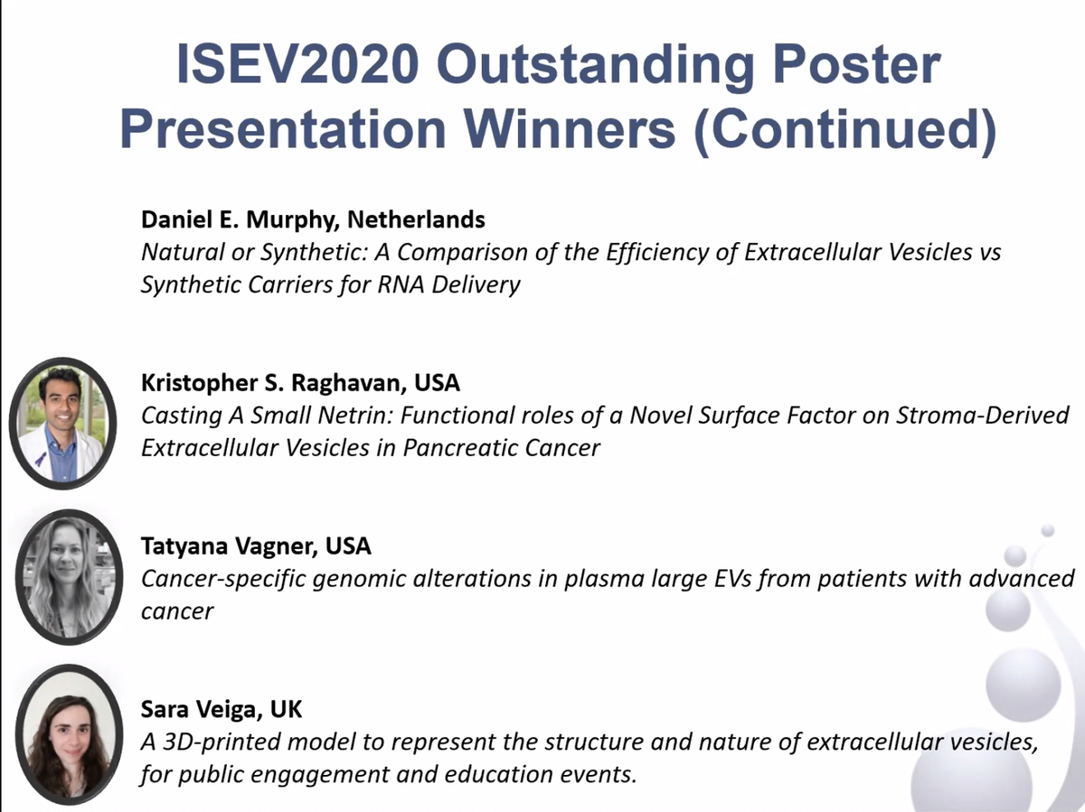 KennethWWitwer's tweet photo. Poster Award winners #ISEV2020: Congratulations! including @physaliaislove @kris_raghavan https://t.co/cDchDZ3OEP