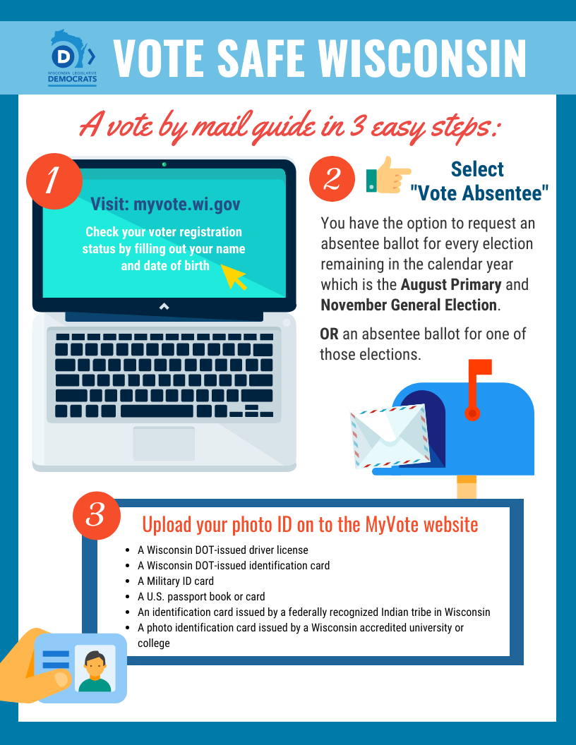 Today (July 22) is the final day to register online or by mail to vote in the August 11th primary by mail-in ballot. Voting by mail is the safe and easy way to make your voice heard. Visit myvote.wi.gov for more information and to register.