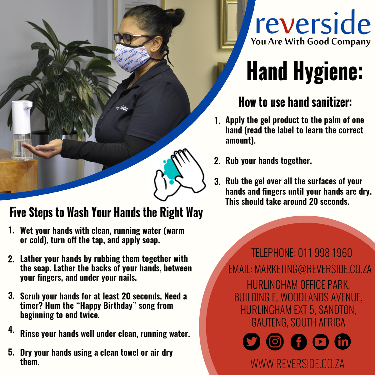 Reverside1's tweet photo. During this pandemic we should all ensure that we are well informed about hygiene. Take a look at the Reversidian guide to hand hygiene! #COVID19 #Healthandsafety #Youareourpriority #regulations #wesocialdistance #masks #sanitize #reverside #youareingoodcomapny https://t.co/9qKN5DtyUf