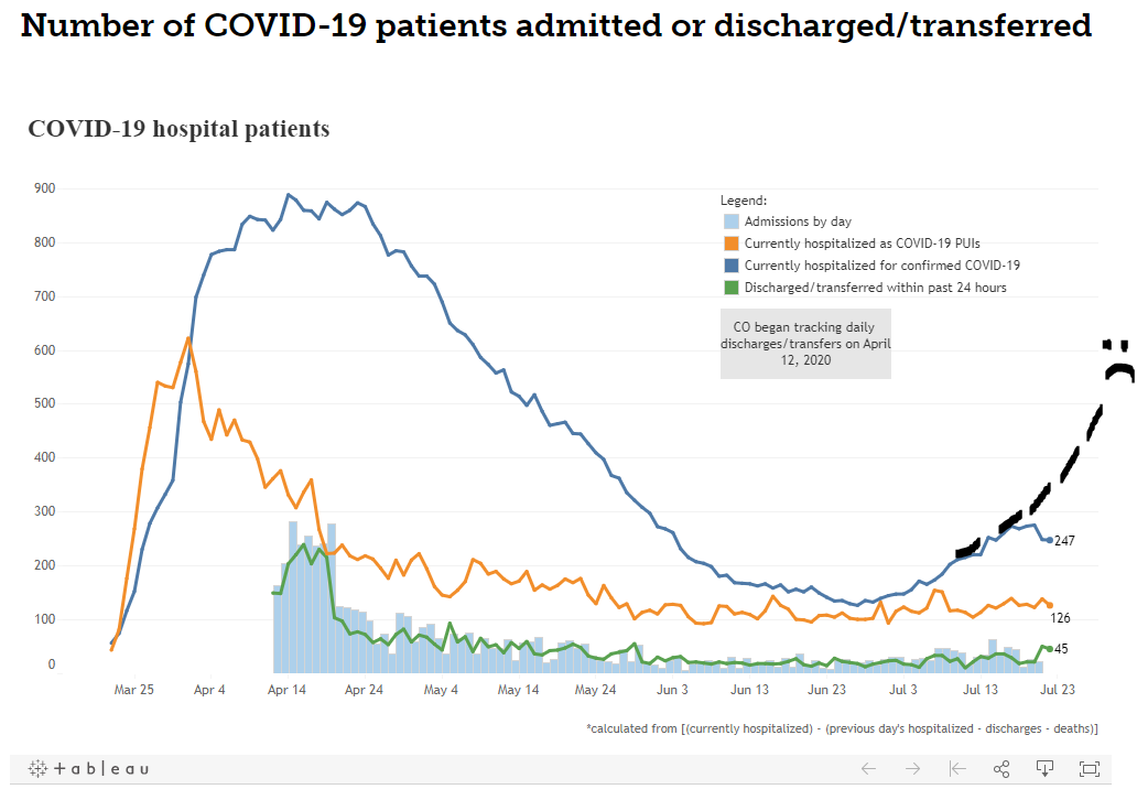It was only a few days ago when there was considerable worry about hospitalization numbers. Were we at the front end of a surge?(Note stunning artwork in graph below)