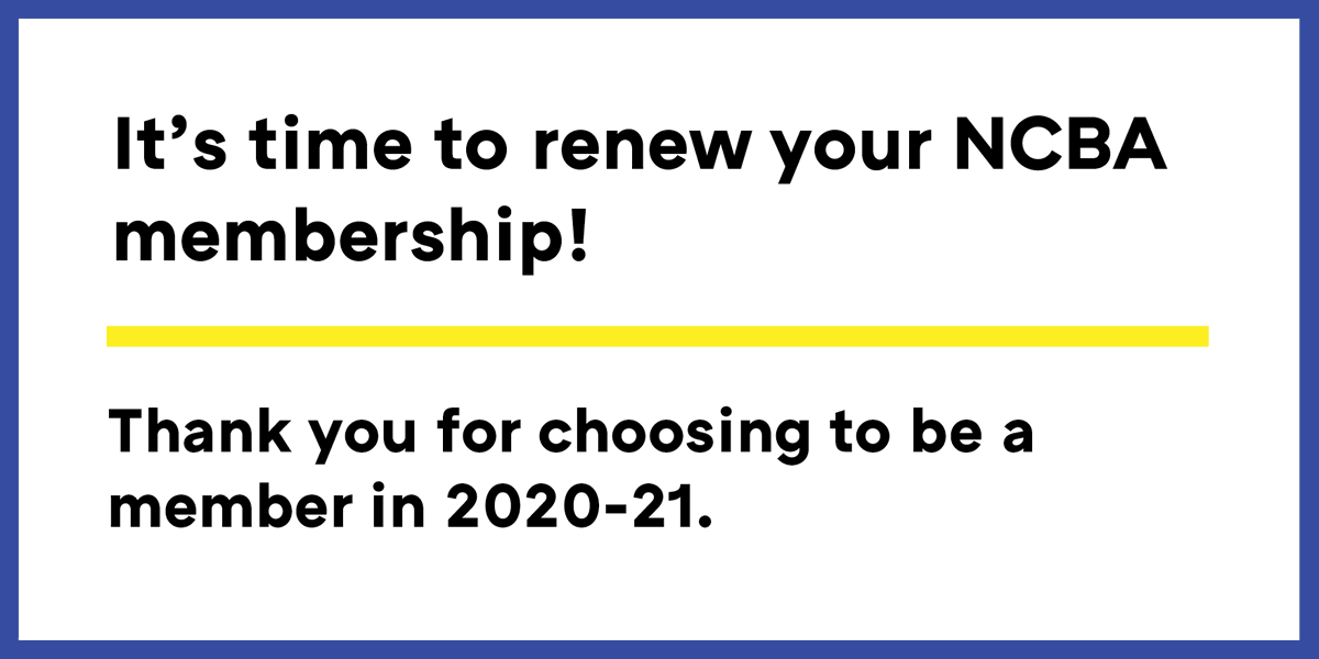 NCBAorg's tweet photo. It’s time to renew your NCBA membership! Payments are due August 31. Renew today to secure access to your NCBA member benefits: https://t.co/MM3uShKOY3. https://t.co/xJUZARoXSw