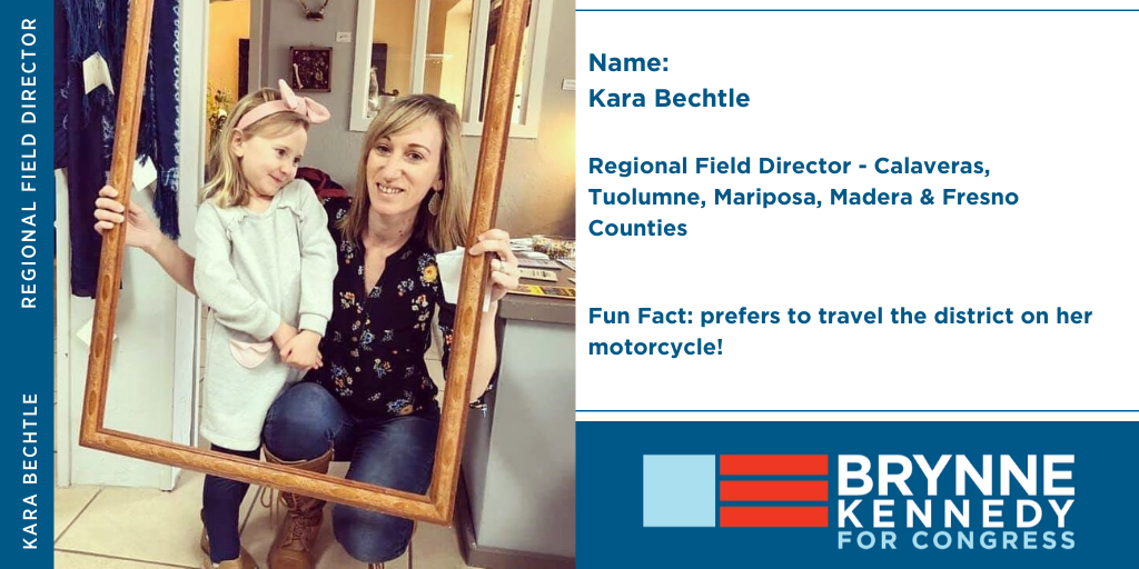 BrynneSpeak's tweet photo. Meet the #KennedyCrew team!

Meet Kara Bechtle, Regional Field Director for Calaveras, Tuolumne, Mariposa, Madera &amp; Fresno Counties! Folks in #CA04 know Kara is one of the hardest working people you'll ever meet &amp; loves her community.

Volunteer here:
https://t.co/eOgIT13ySO https://t.co/oCyjnlmEMx