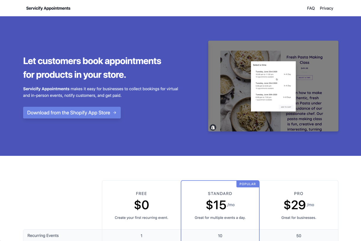 tilomitra's tweet photo. So far, there are 33 merchants using Servicify Appointments. Several have contacted me to ask questions or request questions. It's been fun.

I also built a simple landing page for it.
https://t.co/FVLBfhPJx3

#ShopifyAppChallenge https://t.co/EL0RQqltNB