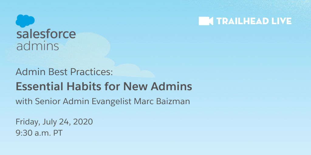 SalesforceAdmns's tweet photo. Join @mbaizman, Fridays on Trailhead LIVE to learn the essential habits every #AwesomeAdmin should master to succeed in their role.

📅Fridays at 9:30 am PST
🖥https://t.co/stxrSQOxmx
👉Add to calendar: https://t.co/kSyzxvpG3t https://t.co/o8o6QyVvSr