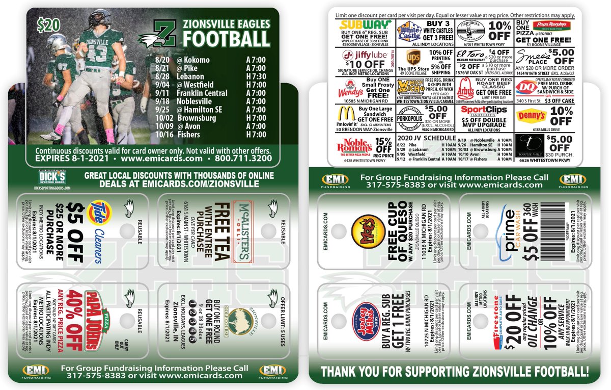 Excited to announce the start of our annual Discount card sale for 2020! This year we also have an online option to purchase or see your favorite EAGLE Football player to get yours today! FANTASTIC DEALS! Thanks the support and GO EAGLES! 
Link: emicards.com/zionsville/