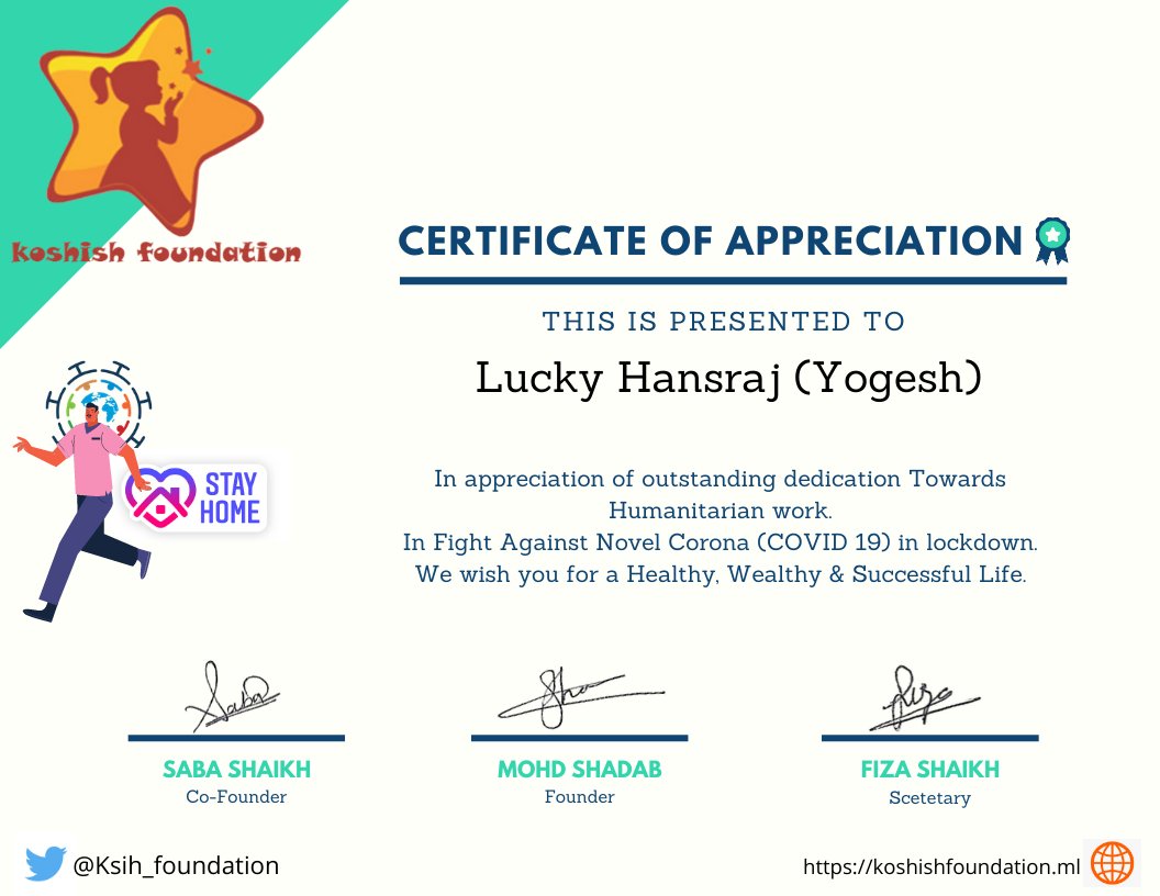 Ksih_foundation's tweet photo. #CovidYoddha #CovidWarrior #FeedtheNeedy #LetsDoMore #SharingMeals #MedicareForAll #HungerWarriors #GuestLabourers #GuestWorkers #HumanityFirst #TOGETHERWECAN
Honoured to present Certificate of Appreciation to
@Lucky_Hansraj
Via:-@SharmaNityaa
Keep up the good work. https://t.co/gKFewUyKmv