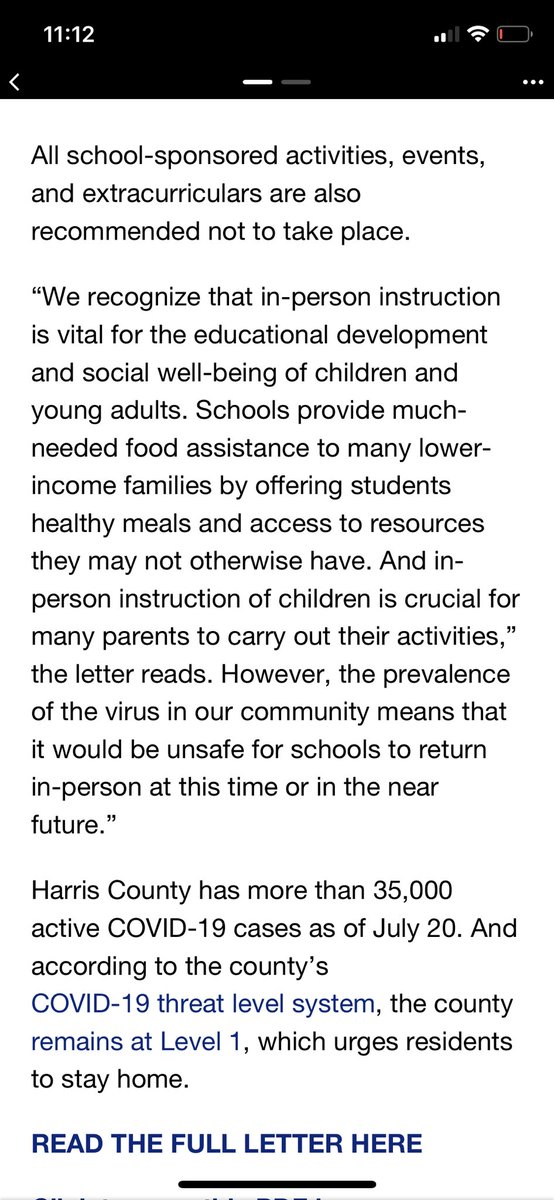 Christner_SWE's tweet photo. The title of this article is “Harris county superintendents told in-person instruction should be delayed until October 2020” @ElizabethFagen why go against the Houston Health Director’s warning? https://t.co/fVbKjwrXLY
