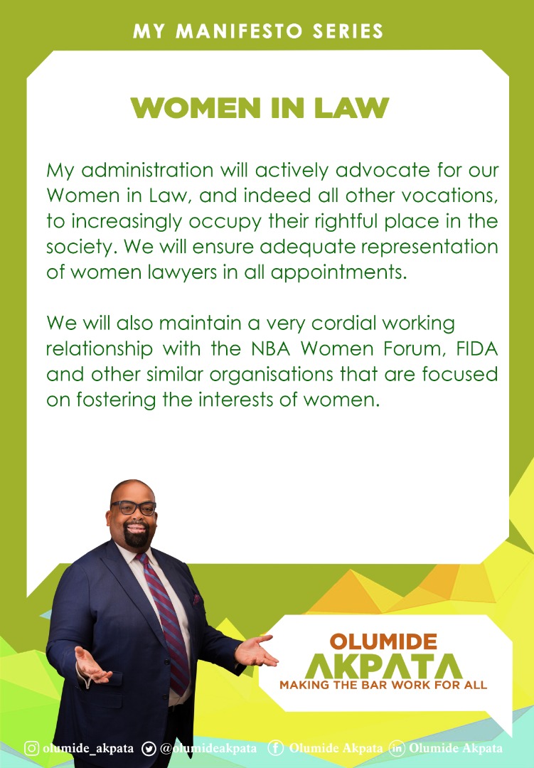 OlumideAkpata's tweet photo. There is a place at the table of my administration for every Bar man, and women are no exception. 

The mandate is clear. This Bar will work for us all! Who's with me? 
#MakingTheBarWorkForAll 
#WCW #NBAForAll #OluForAll https://t.co/X1QSdxh2aN