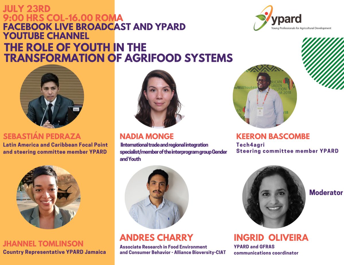 YPARD_LAC's tweet photo. #YPARDWebinar Tomorrow join a new conversation with youth leaders, entrepreneurs and representatives of institutions about the role of #Youth in the transformation of #AgriFoodSystems
Thursday July 23- 9:00 am (Bogota)
16:00 hrs(Rome)
Join us
https://t.co/XXbl5Yu6Ye
@YPARD https://t.co/7bd3ZZzR9F