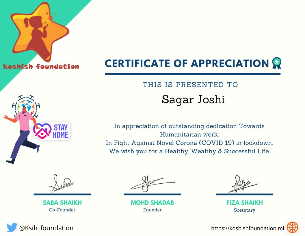 Ksih_foundation's tweet photo. @joshisagar4
#CovidYoddha #CovidWarrior #FeedtheNeedy #LetsDoMore #SharingMeals #MedicareForAll #HungerWarriors #GuestLabourers #GuestWorkers #HumanityFirst #TOGETHERWECAN
Honoured to present Certificate of Appreciation to
@joshisagar4
Keep up the good work. https://t.co/0t60FkvMaN