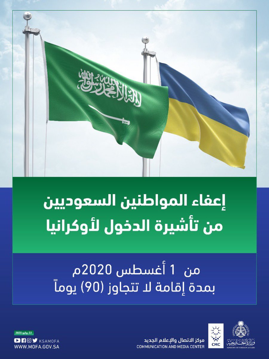 HMD_Travel's tweet photo. #أوكرانيا تعلن رسمياً إعفاء المواطنين السعوديين
 من تأشيرة الدخول إلى أوكرانيا
اعتباراً من أول أغسطس 2020
وبذلك سيتمكن السياح من السفر إليها 
دون تأشيرة مسبقة والحصول عليها من المطار مباشره 🇸🇦 🇺🇦
#السعودية https://t.co/RR9Z7Aq1nb