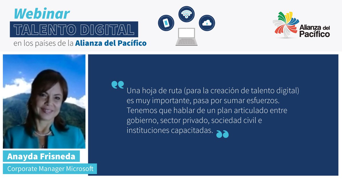 A_delPacifico's tweet photo. Keynote speaker Anayda Frisneda, Corporate Manager Microsoft, durante webinar sobre acciones público-privadas para acelerar la creación de #TalentoDigitalAP 📲🌐. https://t.co/PRFy2JxNTo