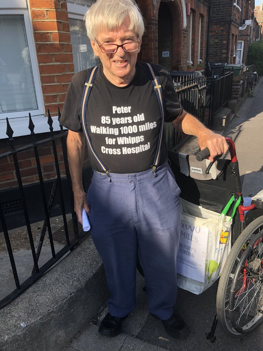 AlanGurney6's tweet photo. Delighted to bump into 85yr old Peter Murray in Walthamstow. He is walking 1000 miles raising money for @WhippsCrossHosp after our teams cared for his sister during the Covid19 pandemic. He’s done 504 miles already, what a legend! Please support him 👍 #1000milesforwhippscross https://t.co/nSDV1jJdXy