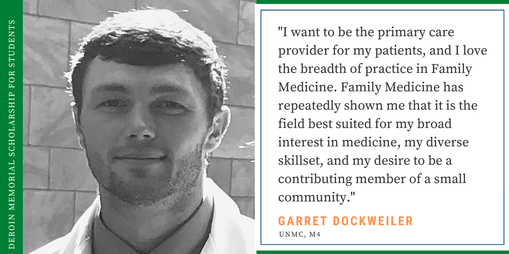 NEBRAFP's tweet photo. Congratulations to one of the DeRoin Memorial Scholarship recipients, Garret Dockweiler (UNMC, M4). Mr. Dockweiler and his wife would like to move to a small town in Nebraska after graduation. The NAFP is excited to watch Mr. Dockweiler's Family Medicine experience! https://t.co/aaIhPuDyz9