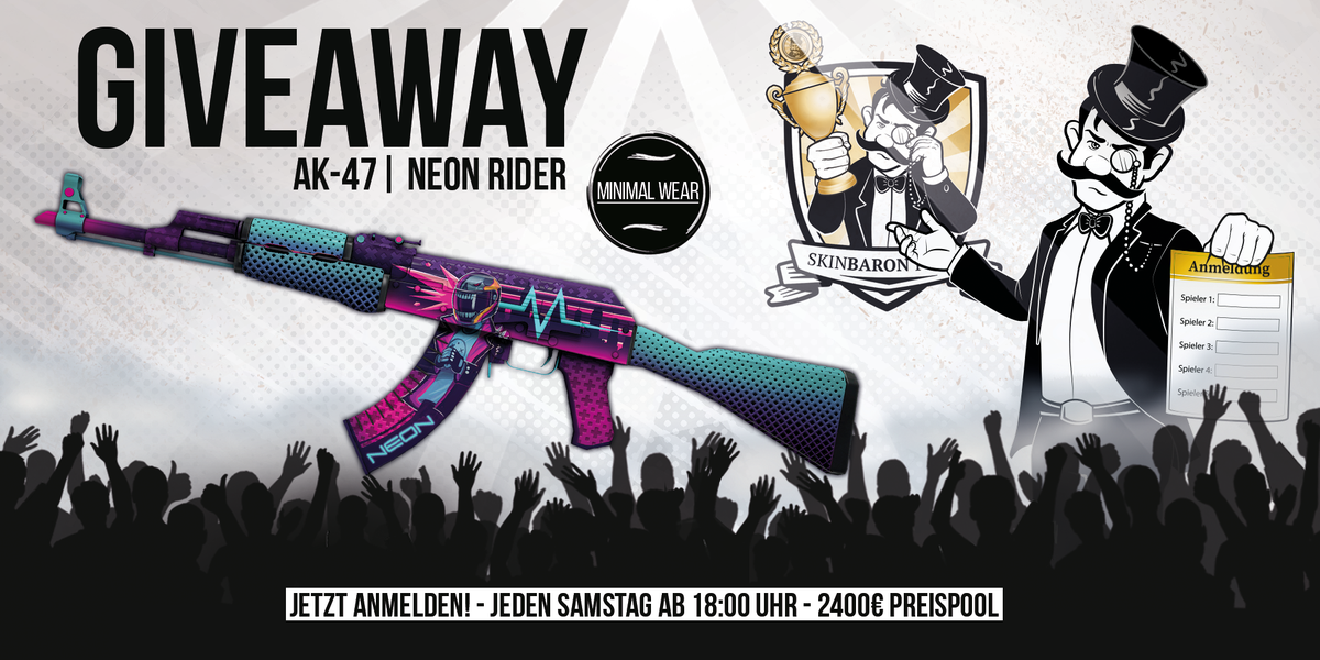 AK-47 | Neon Rider MW Giveaway (50€)! 😍

Follow these steps to enter: 
- Follow @devraNNCSGO &amp; @SkinBaronPokal 
- Retweet this Tweet
- Tag 1 Friend 

Don't forget to sign up at the Skinbaron Cup on Saturday 18 CET on Faceit! 🔥

#CSGO #Giveaway #CSGOGiveaway #Skins #CSGOSkins
