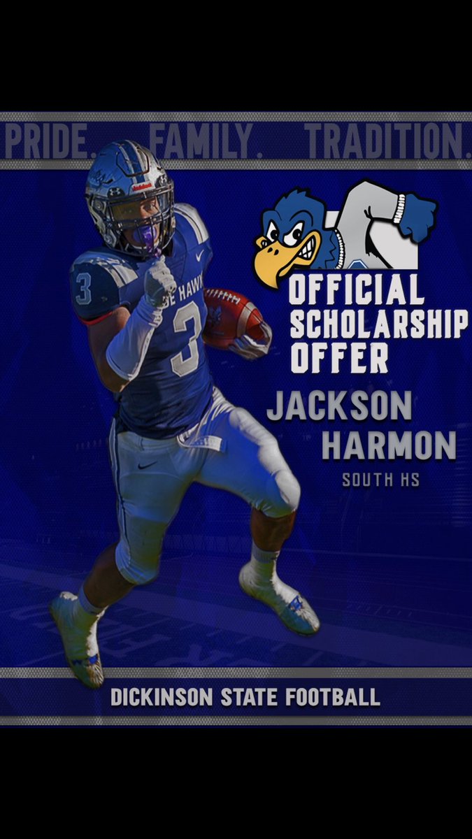 JacksonHarmon5's tweet photo. So Happy to announce that I have received my 2nd Scholarship offer to play football in college from Dickinson State University!!! @JasonThier https://t.co/XAb9PirLjH
